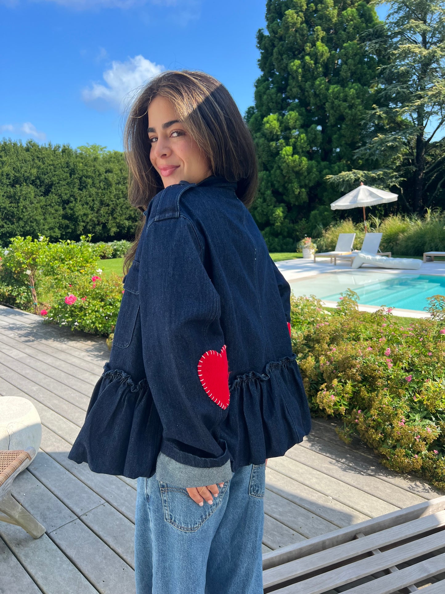 Dark Denim Peplum Jacket with Hearts detail view 5 - Romi Basha Designs