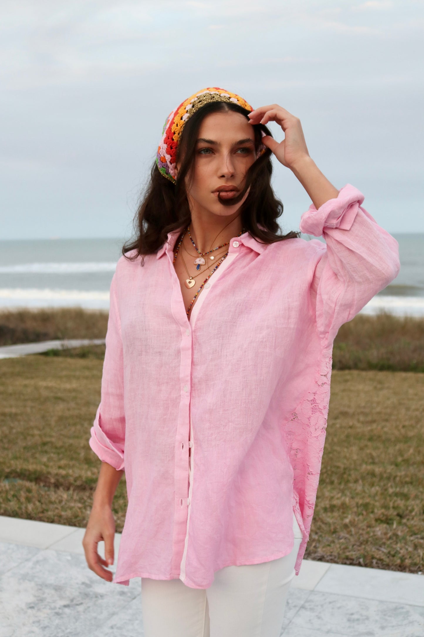 Pink Linen Selena Shirt detail view 4 - Romi Basha Designs