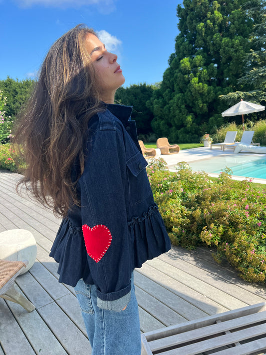 Dark Denim Peplum Jacket with Hearts