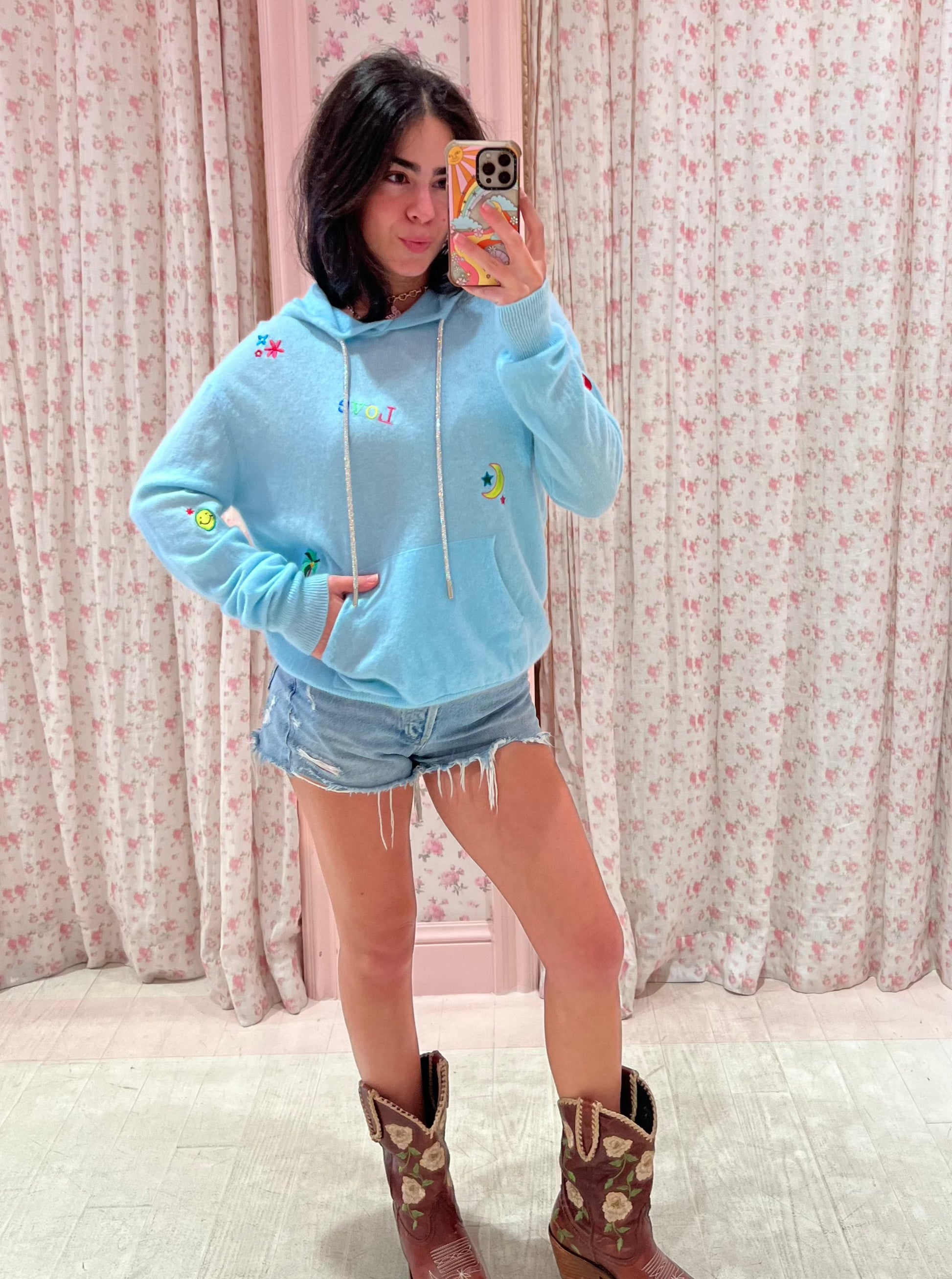 Aqua Happy Cashmere Hoodie with Rhinestone Bling RomiBasha Designs