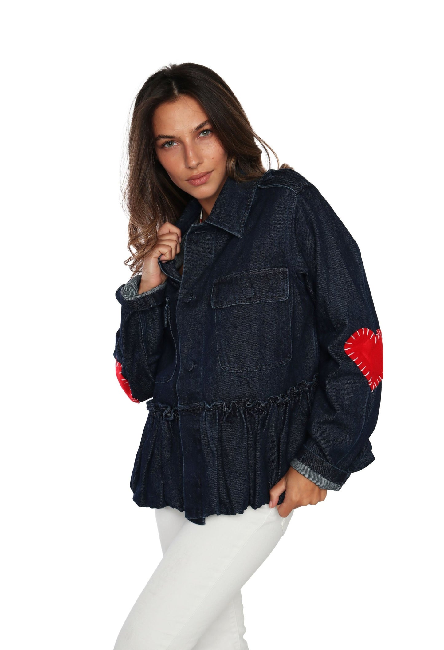 Dark Denim Peplum Jacket with Hearts