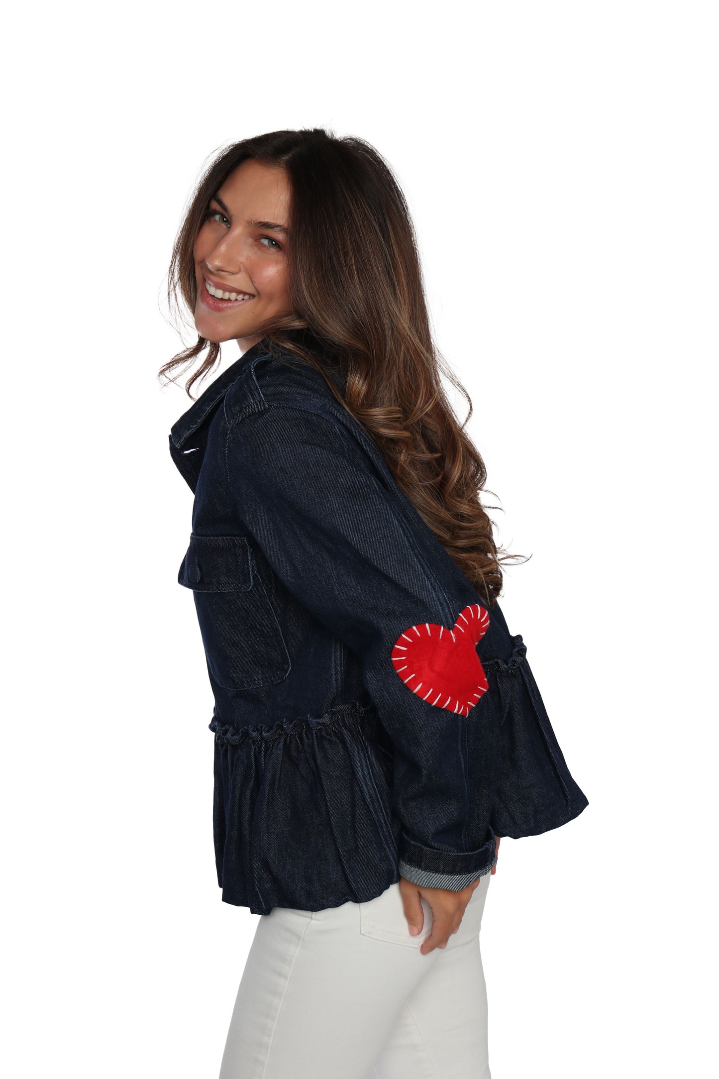 Dark Denim Peplum Jacket with Hearts