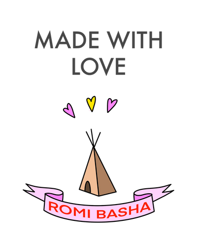 Illustration of a teepee with hearts and a banner on a white background, featuring 'Made with Love' text and 'Romi Basha' branding.